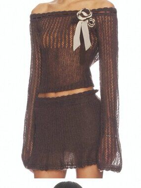 Mirror palais Little Lamb Knit skirt  in brown - lace mini skirt with elastic wa